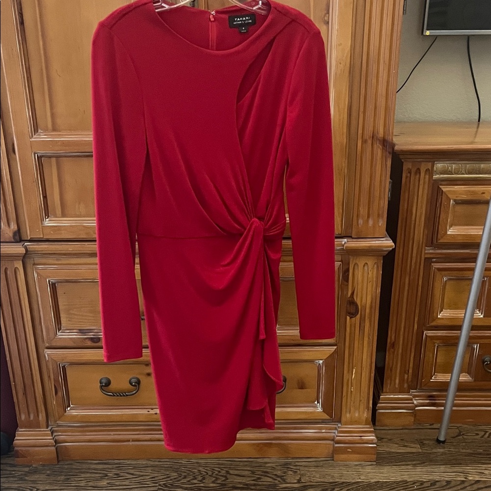 Tahari Asymmetrical Red Dress with Knot Detail
